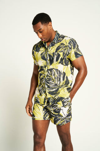 Men's Foliage Print Shirt & Shorts Set