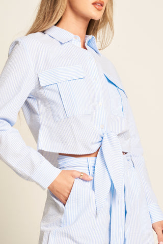 Seersucker Tie Front Blouse